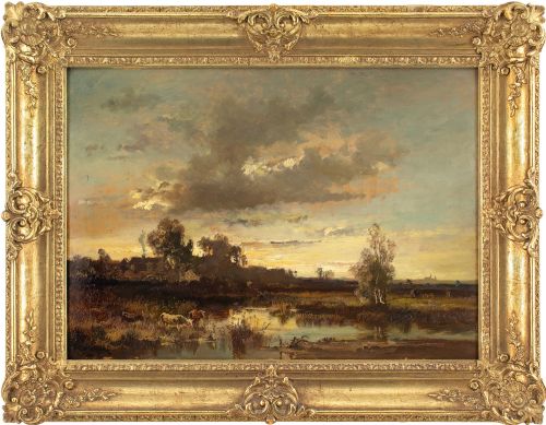 fritz halbergkrauss dachauer moos evening antique oil painting - CATEGORY: ANTIQUE ART - DATED 1910