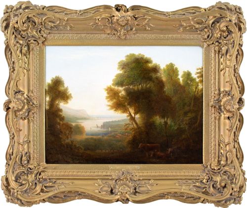 early 19thcentury british school romantic landscape with boats cattle coastal view antique oil painting - CATEGORY: ANTIQUE ART - DATED 1800