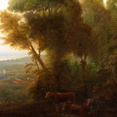 EARLY 19THCENTURY BRITISH SCHOOL ROMANTIC LANDSCAPE WITH BOATS CATTLE COASTAL VIEW ANTIQUE OIL PAINTING - ADDITIONAL PHOTO 6