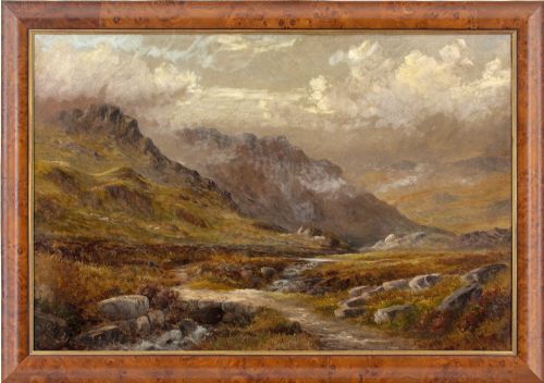 henry w henley misty upland landscape with stream antique oil painting - CATEGORY: ANTIQUE ART - DATED 1870