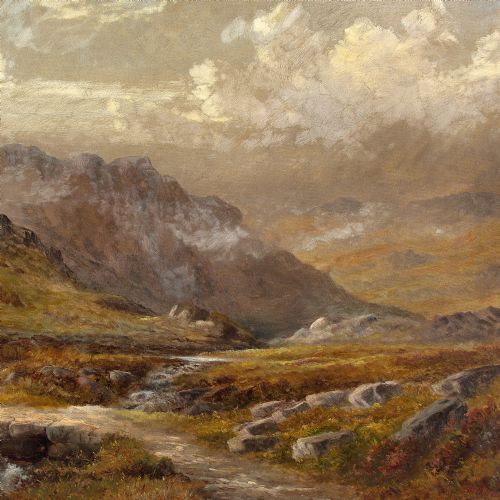 HENRY W HENLEY MISTY UPLAND LANDSCAPE WITH STREAM ANTIQUE OIL PAINTING - ADDITIONAL PHOTO 1