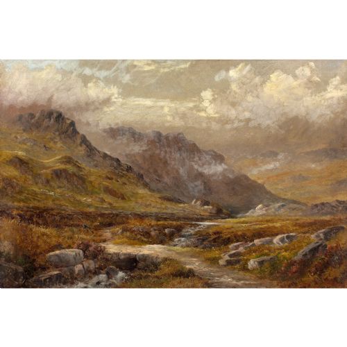 HENRY W HENLEY MISTY UPLAND LANDSCAPE WITH STREAM ANTIQUE OIL PAINTING - ADDITIONAL PHOTO 4
