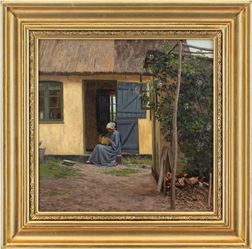 alfred broge courtyard with thatched cottage seated woman antique oil painting - CATEGORY: ANTIQUE ART - DATED 1920