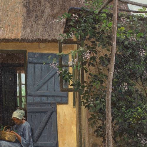 ALFRED BROGE COURTYARD WITH THATCHED COTTAGE SEATED WOMAN ANTIQUE OIL PAINTING - ADDITIONAL PHOTO 2