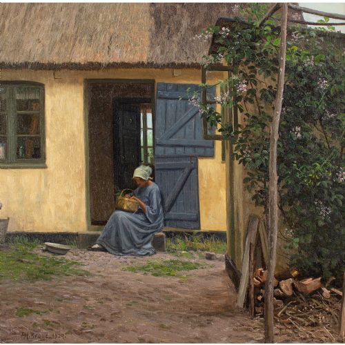ALFRED BROGE COURTYARD WITH THATCHED COTTAGE SEATED WOMAN ANTIQUE OIL PAINTING - ADDITIONAL PHOTO 3