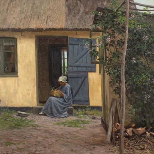 ALFRED BROGE COURTYARD WITH THATCHED COTTAGE SEATED WOMAN ANTIQUE OIL PAINTING - ADDITIONAL PHOTO 4