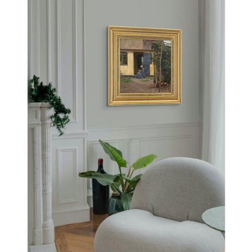 ALFRED BROGE COURTYARD WITH THATCHED COTTAGE SEATED WOMAN ANTIQUE OIL PAINTING - ADDITIONAL PHOTO 5