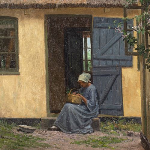 ALFRED BROGE COURTYARD WITH THATCHED COTTAGE SEATED WOMAN ANTIQUE OIL PAINTING - ADDITIONAL PHOTO 6