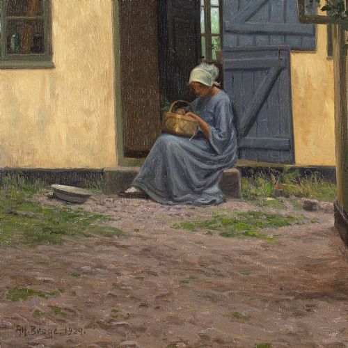 ALFRED BROGE COURTYARD WITH THATCHED COTTAGE SEATED WOMAN ANTIQUE OIL PAINTING - ADDITIONAL PHOTO 7