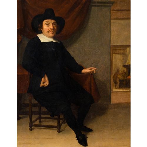 fig 5. 18th-Century Dutch School, Portrait Of A Seated 17th-Century Gentleman By A Forge - Antique Oil Painting