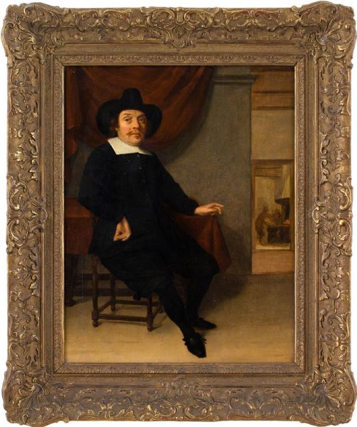 18th-century Dutch School, Portrait of a Seated 17th-century Gentleman by a Forge - Antique Oil Painting