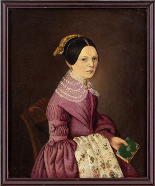 mid19thcentury german school portrait of a lady holding embroidery antique oil painting - CATEGORY: ANTIQUE ART - DATED 19TH CENTURY