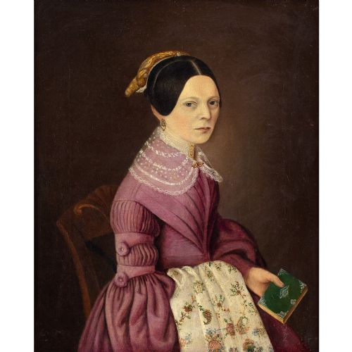 MID19THCENTURY GERMAN SCHOOL PORTRAIT OF A LADY HOLDING EMBROIDERY ANTIQUE OIL PAINTING - ADDITIONAL PHOTO 1