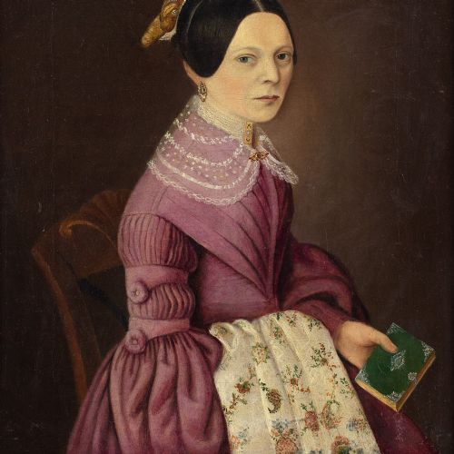 MID19THCENTURY GERMAN SCHOOL PORTRAIT OF A LADY HOLDING EMBROIDERY ANTIQUE OIL PAINTING - ADDITIONAL PHOTO 4
