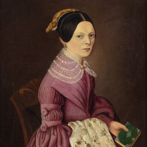 MID19THCENTURY GERMAN SCHOOL PORTRAIT OF A LADY HOLDING EMBROIDERY ANTIQUE OIL PAINTING - ADDITIONAL PHOTO 5