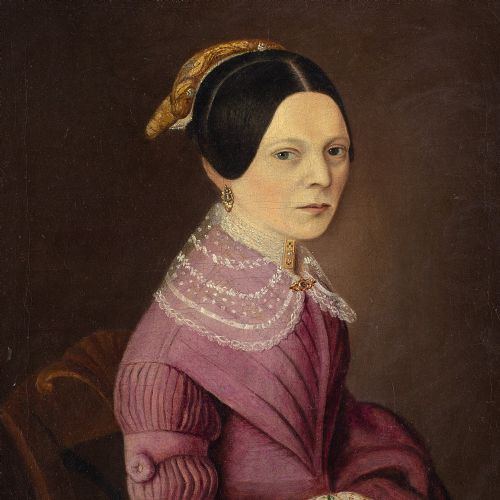 MID19THCENTURY GERMAN SCHOOL PORTRAIT OF A LADY HOLDING EMBROIDERY ANTIQUE OIL PAINTING - ADDITIONAL PHOTO 6