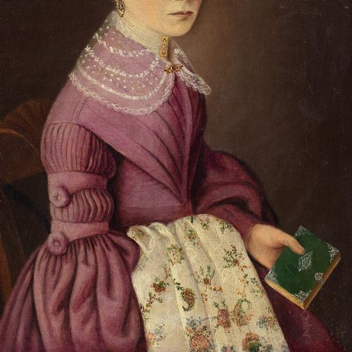 MID19THCENTURY GERMAN SCHOOL PORTRAIT OF A LADY HOLDING EMBROIDERY ANTIQUE OIL PAINTING - ADDITIONAL PHOTO 7