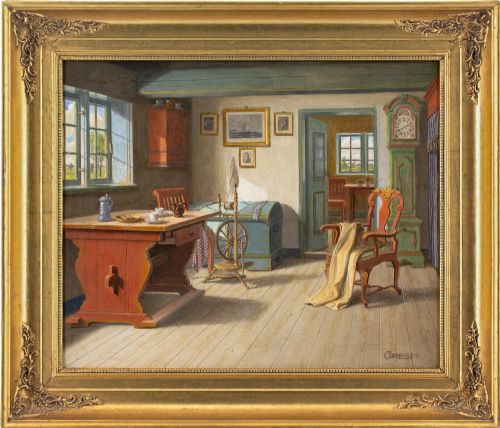 c srensen interior with spinning wheel oil painting - CATEGORY: ANTIQUE ART - DATED 1930