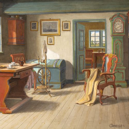 C SRENSEN INTERIOR WITH SPINNING WHEEL OIL PAINTING - ADDITIONAL PHOTO 2