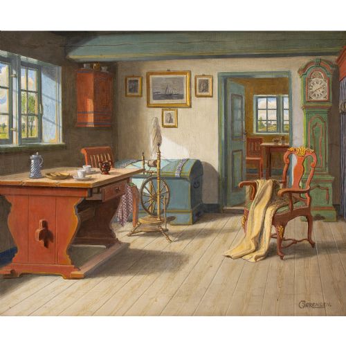 C SRENSEN INTERIOR WITH SPINNING WHEEL OIL PAINTING - ADDITIONAL PHOTO 3