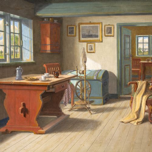 C SRENSEN INTERIOR WITH SPINNING WHEEL OIL PAINTING - ADDITIONAL PHOTO 5