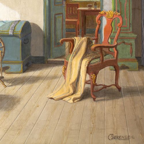 C SRENSEN INTERIOR WITH SPINNING WHEEL OIL PAINTING - ADDITIONAL PHOTO 7