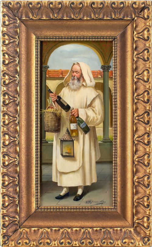 carlo francolini portrait of a carthusian monk holding wine antique oil painting - CATEGORY: ANTIQUE ART - DATED 1910