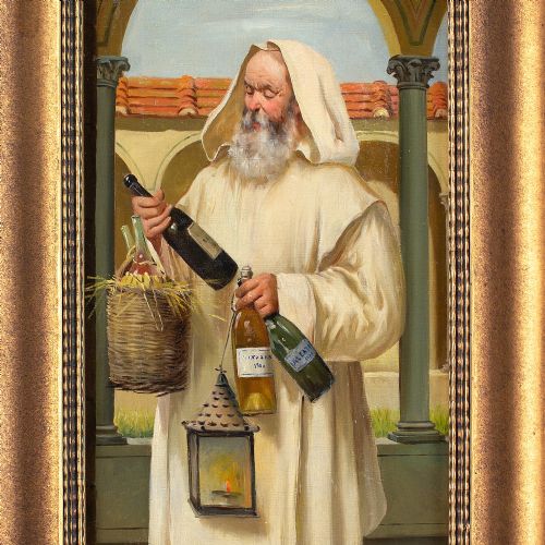 CARLO FRANCOLINI PORTRAIT OF A CARTHUSIAN MONK HOLDING WINE ANTIQUE OIL PAINTING - ADDITIONAL PHOTO 1