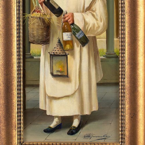 CARLO FRANCOLINI PORTRAIT OF A CARTHUSIAN MONK HOLDING WINE ANTIQUE OIL PAINTING - ADDITIONAL PHOTO 3