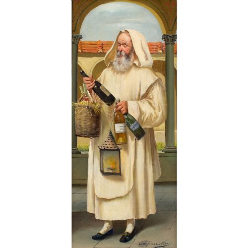 CARLO FRANCOLINI PORTRAIT OF A CARTHUSIAN MONK HOLDING WINE ANTIQUE OIL PAINTING - ADDITIONAL PHOTO 4