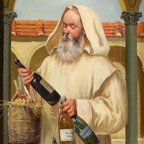 CARLO FRANCOLINI PORTRAIT OF A CARTHUSIAN MONK HOLDING WINE ANTIQUE OIL PAINTING - ADDITIONAL PHOTO 6