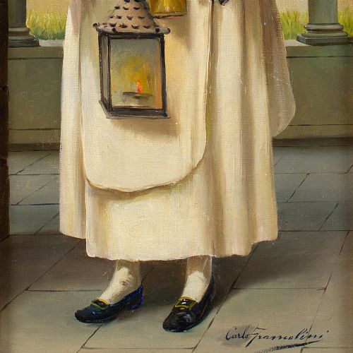 CARLO FRANCOLINI PORTRAIT OF A CARTHUSIAN MONK HOLDING WINE ANTIQUE OIL PAINTING - ADDITIONAL PHOTO 7