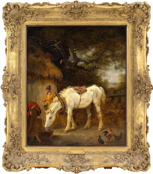 edmund bristow farmyard with white mare antique oil painting - CATEGORY: ANTIQUE ART - DATED 1850