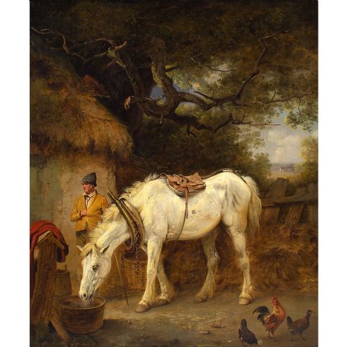 EDMUND BRISTOW FARMYARD WITH WHITE MARE ANTIQUE OIL PAINTING - ADDITIONAL PHOTO 1