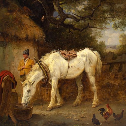 EDMUND BRISTOW FARMYARD WITH WHITE MARE ANTIQUE OIL PAINTING - ADDITIONAL PHOTO 2