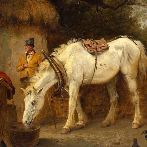 EDMUND BRISTOW FARMYARD WITH WHITE MARE ANTIQUE OIL PAINTING - ADDITIONAL PHOTO 5