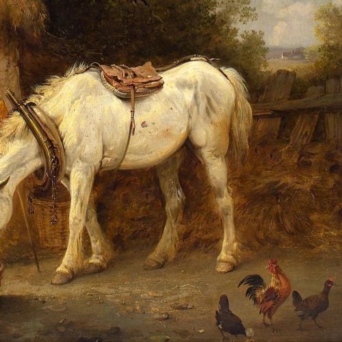 EDMUND BRISTOW FARMYARD WITH WHITE MARE ANTIQUE OIL PAINTING - ADDITIONAL PHOTO 6