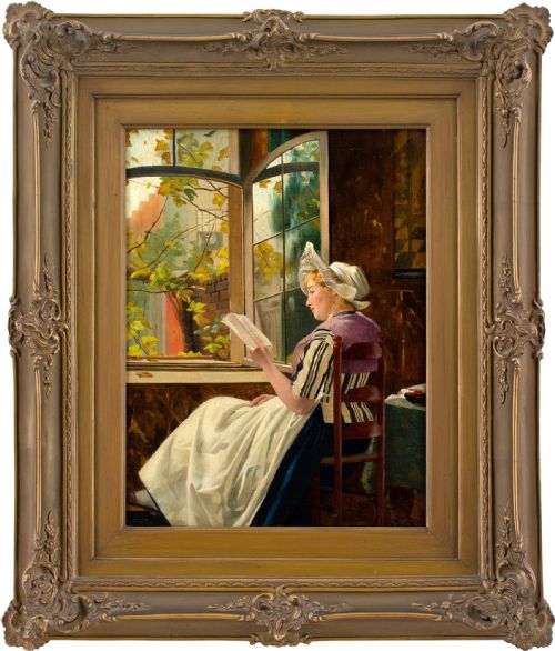 otto kirberg reading by the window antique oil painting - CATEGORY: ANTIQUE ART - DATED 1890
