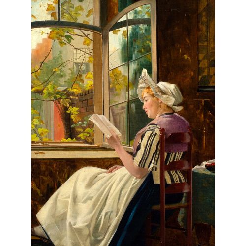 OTTO KIRBERG READING BY THE WINDOW ANTIQUE OIL PAINTING - ADDITIONAL PHOTO 1