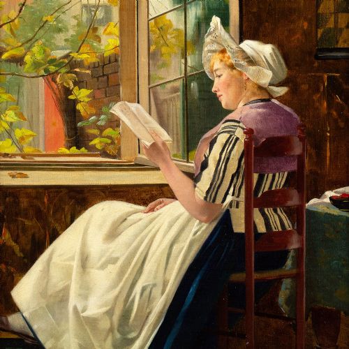 OTTO KIRBERG READING BY THE WINDOW ANTIQUE OIL PAINTING - ADDITIONAL PHOTO 4