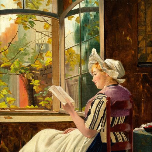OTTO KIRBERG READING BY THE WINDOW ANTIQUE OIL PAINTING - ADDITIONAL PHOTO 5