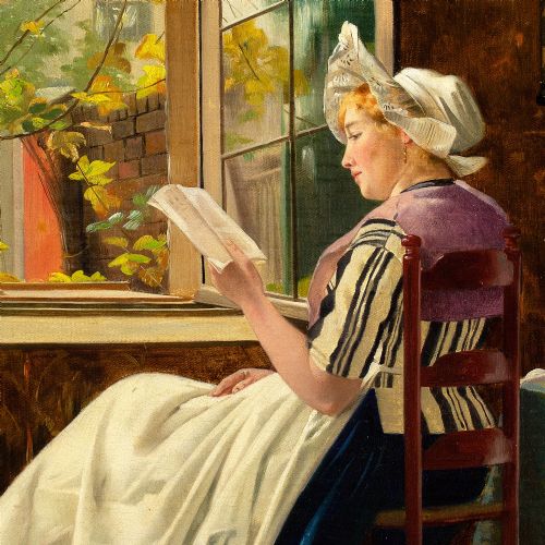 OTTO KIRBERG READING BY THE WINDOW ANTIQUE OIL PAINTING - ADDITIONAL PHOTO 6