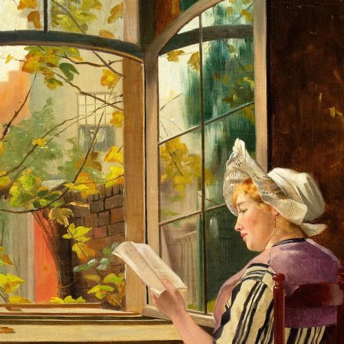 OTTO KIRBERG READING BY THE WINDOW ANTIQUE OIL PAINTING - ADDITIONAL PHOTO 7