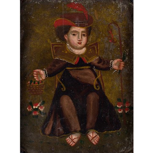 19TH CENTURY SPANISH COLONIAL SCHOOL RETABLO EL NINO DE ATOCHA ANTIQUE OIL PAINTING - ADDITIONAL PHOTO 1