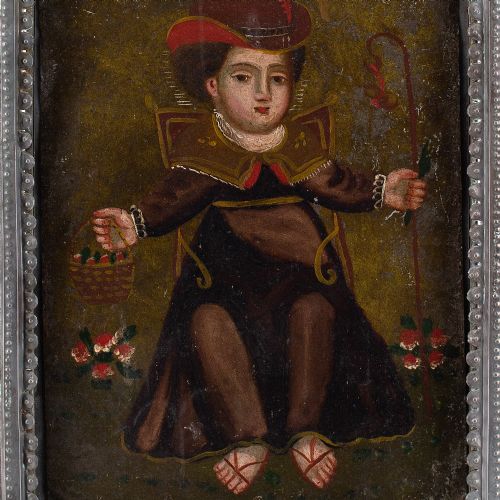 19TH CENTURY SPANISH COLONIAL SCHOOL RETABLO EL NINO DE ATOCHA ANTIQUE OIL PAINTING - ADDITIONAL PHOTO 2