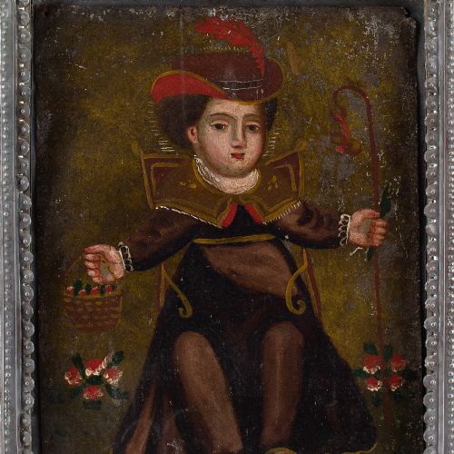 19TH CENTURY SPANISH COLONIAL SCHOOL RETABLO EL NINO DE ATOCHA ANTIQUE OIL PAINTING - ADDITIONAL PHOTO 5