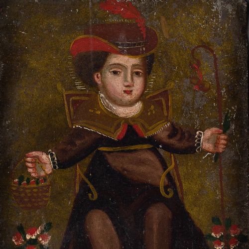 19TH CENTURY SPANISH COLONIAL SCHOOL RETABLO EL NINO DE ATOCHA ANTIQUE OIL PAINTING - ADDITIONAL PHOTO 6
