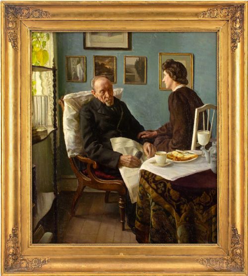 sophus vermehren interior with elderly man sleeping antique oil painting - CATEGORY: ANTIQUE ART - DATED 1940