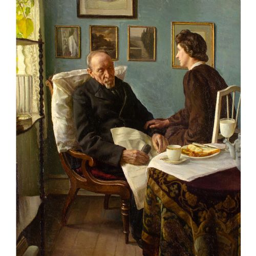SOPHUS VERMEHREN INTERIOR WITH ELDERLY MAN SLEEPING ANTIQUE OIL PAINTING - ADDITIONAL PHOTO 2