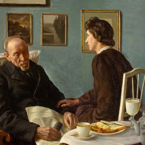 SOPHUS VERMEHREN INTERIOR WITH ELDERLY MAN SLEEPING ANTIQUE OIL PAINTING - ADDITIONAL PHOTO 4